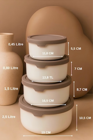 Yuvarlak Saklama Kabı Seti 0,45ml -0,8ml-1.5l-2.5l Bej