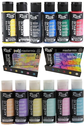 Rich Mastermix Akrilik Boya 12 Renk 60 Ml 1 Paket Pastel Ve Ana Renkler Akrilik Boya 12 Li Profesyonel Tuval Canvas Çok Renkli