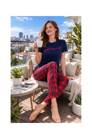 Rindahomewear Kısa Kol Pijama Takımı Kadın Milan Kalpli You+me Desen Lacivert