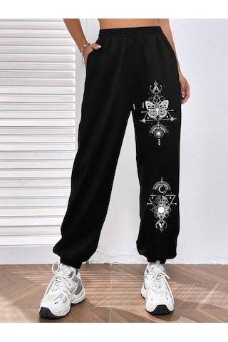 Butterfly Print Elastic Waist 4 Mevsim Eşofman Siyah