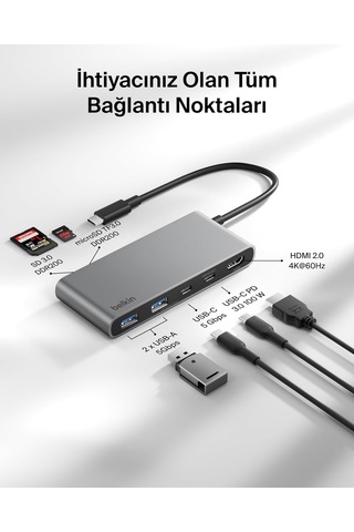 Belkin Usb-c Hub, 7 Portlu, 60 Hz De 4k Hdmi Ekran Desteği, Sd Ve