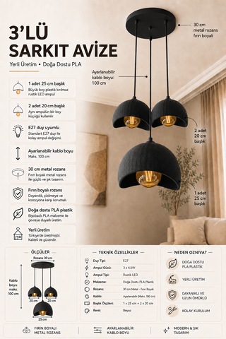 Beton Görünümlü 3'lü Sarkıt Avize Bohem Modern İskandinav Salon Yemek Masası Rustik Led Ampul Hediyeli Siyah