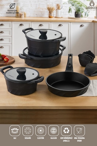 Vento 7 Parça Döküm Titanyum Kaplama Tencere Tava Seti Siyah Siyah