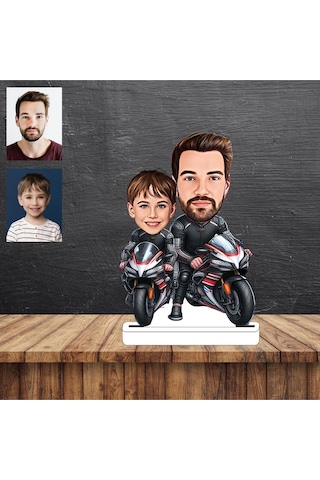 Motorcu Baba Ve Oğlu Karikatür Figürü,sevgiliye Hediye,d