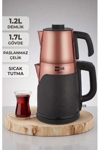 Egetürk Coverlı Elektrikli Çay Makinesi, Çaycı 2000w 1.7l Su Isıtıcı 1.2l Demlik Paslanmaz Çelik Rose