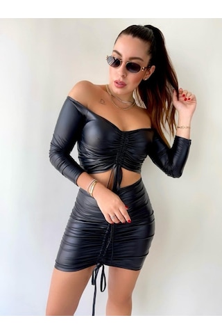 Munn Collection Kadın Büzgülü Deri Etek Takım Fırsat Ürün Siyah