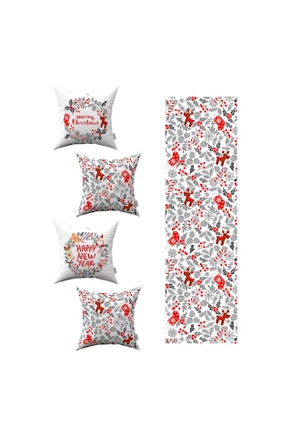 Kırmızı Gri Yılbaşı Temalı 4'lü Kırlent Kılıfı 1 Runner Seti 4kmbs174-rs