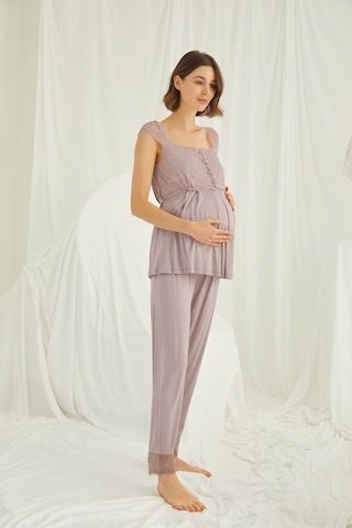 Lohusa Sepeti Lohusasepeti Sabahlıklı Dantelli Omuz Lohusa Pijama Takımı Vizon - 18441 001