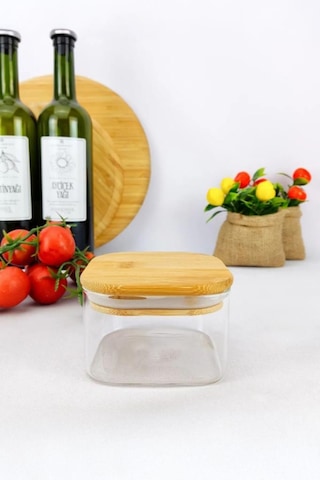 Duo 400 Ml Bambu Kapaklı Kare Borosilikat Cam Kase - 1 Adet Bambu