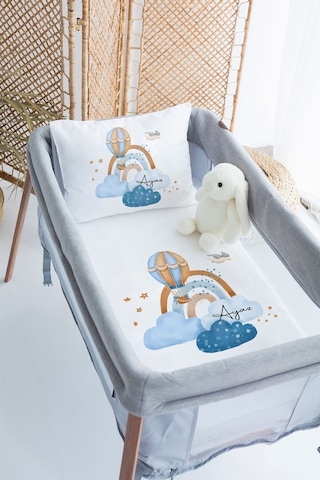 Lilabio %100 Pamuk Saten İsme Özel İsimli 70x120 Park Yatak Nevresim Seti Bulutlarda Balon