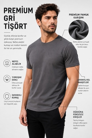 Luxıc Core Erkek Slim Fit Gri Bisiklet Yaka Pamuk Penye Günlük Rahat Basic Tişört