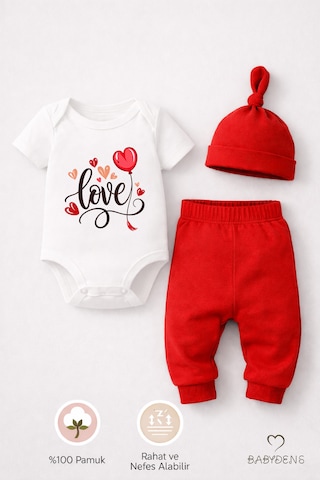 Babyden's Love Baskılı 3 Lü Bebek Takımı Kısa Kol Çıtçıtlı Body,pantolon Ve Şapka Set Kırmızı - Beyaz