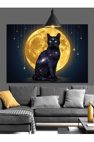 Siyah Kedi Dolunay Işığı Dekoratif Kanvas - Mdf Ahşap Tablo