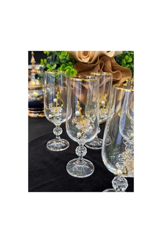 6 Adet Bohemia Kristal Gold Yaldızlı İnci Broşlu Kahve Yanı Su Bardağı Kadeh Altın