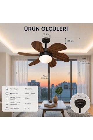 Vanti Kcf280k 6 Kanatlı Ahşap Desenli Uzaktan Kumandalı Avizeli Dekoratif Tavan Vantilatörü
