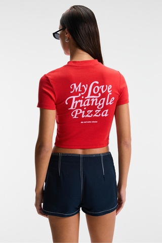 ETHIQUET MIREZA Kadın Baskı Detaylı Slim Fit Kısa Kollu Yuvarlak Yaka Kırmızı T-Shirt
