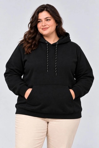 Moda Kadın Battal Büyük Beden Üç İplik İçi Şardonlu Kapüşonlu Kanguru Cepli Kışlık Sweatshirt - Siyah Çok Renkli