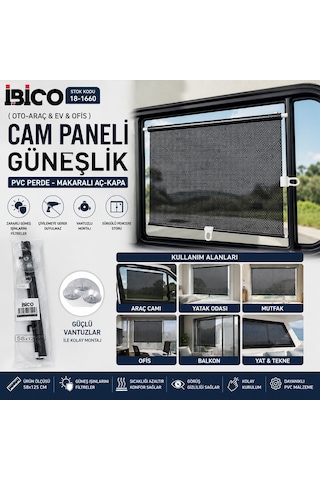 İbico İ13-144 Güneşlik 58x125cm Ofis Oto-araç Pvc Perde Cam Paneli Vantuzlu Montaj Makaralı Aç-kapa