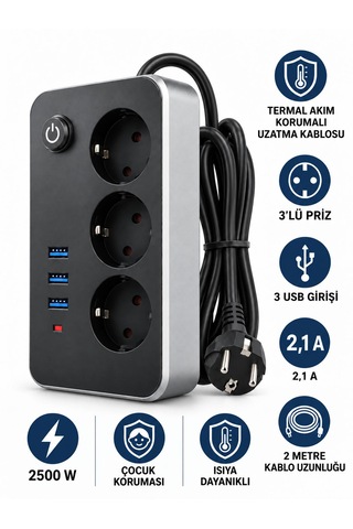 Termal Akım Korumalı Uzatma Kablosu 2 Metre Kablolu 3 Lü Priz 3 Usb Giriş 2.1 A Isıya Dayanıklı Çocuk Koruması 2500watt Ev Ofis
