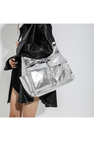 Banliyöyük Kapasiteli Tote Çanta Vintage Omuz Çantası Güş GÜMÜŞ Gümüş