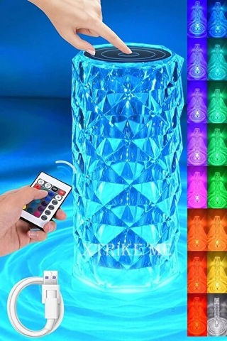 Kristal Elmas Masa Lambası 16 Renk Usb Şarjlı Dokunmatik Çok Renkli