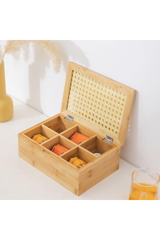 Orjinal Bambu Organizer, Çay Kutusu, Takı Kutusu, Mıknatıslı Kapak, Premium Kalite 6 Bölmeli