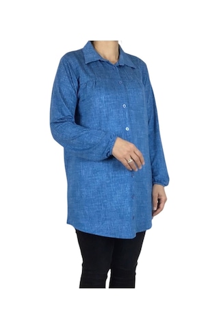 Mevsimlik Kolları Lastikli Boydan Düğmeli Gömlek Mavi