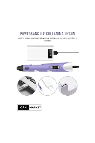 Mor 3D Kalem & Pembe Tavşan Grafik Tablet Seti – 50 Metre Filament ve USB Kablo