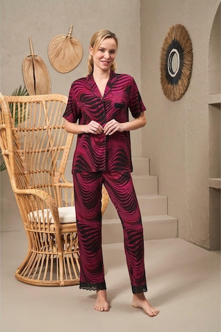 Pjs 25140 Kadın Yakalı Düğmeli Desenli Kısa Kollu Pijama Takım Bordo