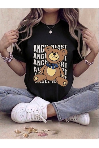 Unisex Ayıcık Baskılı Kompakt T-shirt Siyah