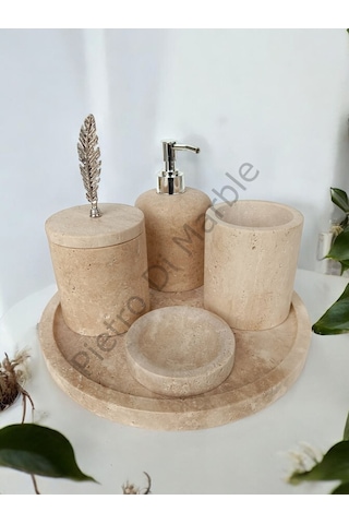 Sarı Traverten Klasik Model 5 Parça Gümüş Renk Kuş Tüyü Aksesuarlı Banyo Seti Sarı Traverten