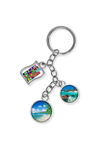 Karayipler Üçlü Epoksi Metal Çift Taraflı Damla Anahtarlık Caribbean Gümüş