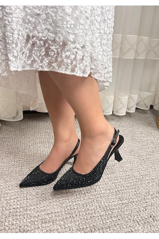 Asmi Shoes Kadın Monica Siyah Taşlı 7 Cm İnce Topuklu Ayakkabı & Stiletto