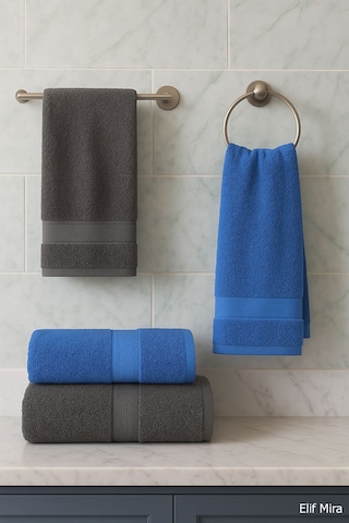 4 Lü Banyo Havlusu Seti %100 Pamuklu 70x140 Cm Pleasure Antrasit-Mavi