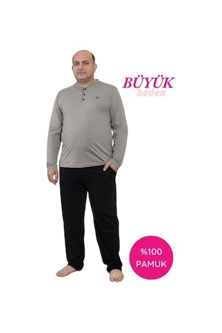 Guava Erkek Büyük Beden 3 Düğmeli %100 Pamuk Mevsimlik Uzun Kol Cepli Pijama Takımı Gri