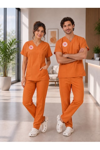 Klinik Destek Forması Scrubs Likralı Takım Sağlık Bakanlığı Uyumlu-orange Ochre