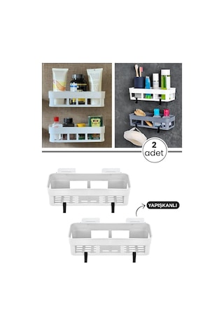 2 Adet Yapışkanlı Plastik Raf, Delme Vida Gerektirmeyen Banyo Duş Şampuan Mutfak Baharat Rafı Beyaz Beyaz