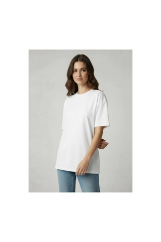 Lyvean Bisiklet Yaka Oversıze Kısa Kollu Tshirt Beyaz