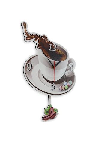 CajuArt Kahve Fincan Resimli Sallanan Sarkaçlı Mutfak Duvar Saati Beyaz