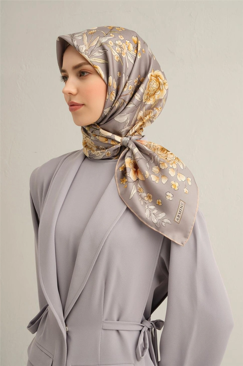 Armine Çiçek Desenli Saf İpek Twill Eşarp 9347d 52 Gri