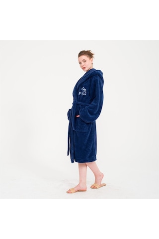 Uzun Welsoft Kapüşonlu Kadın Sabahlık Lacivert