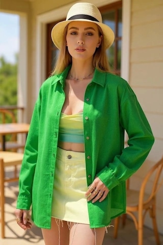 Kadın Uzun Kollu Oversize Gömlek Yeşil
