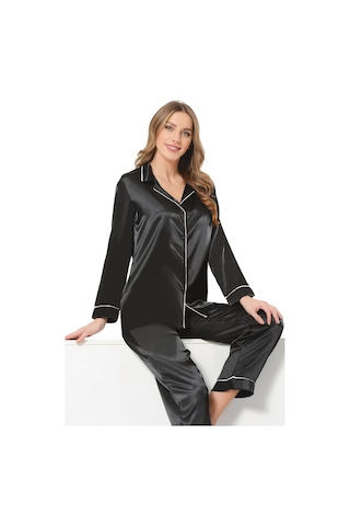 Nbb Kadın Siyah Saten Pijama Takımı 001