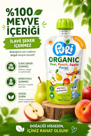 Organic %100 Organik Meyve Püresi Armut - Şeftali Elma 100 G İlave Şekersiz