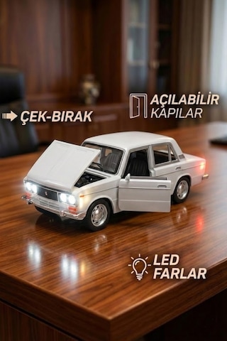 Lada Vaz 2107 Metal Diecast Model Araba 1:24 Ölçek 18cm Sesli Işıklı Çek Bırak Beyaz Çok Renkli