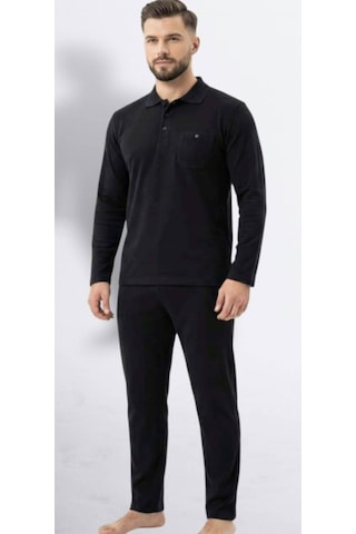 Erse %100 Pamuk Selanik Örme Uzun Kol Erkek Pijama Takımı Kışlık - 9019399256128 Siyah