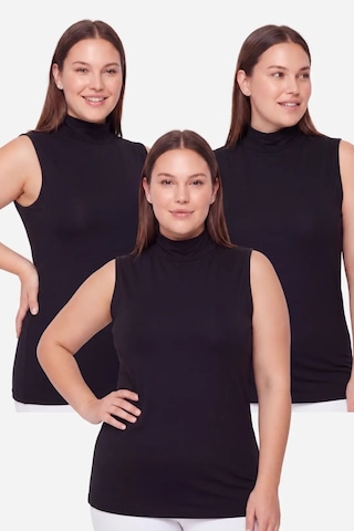Terrien Kombin Parçası Pamuklu Üst Gardırop Kadın Büyük Beden Balıkçı Yaka Kolsuz Body Siyah 3'lü Paket Siyah-3