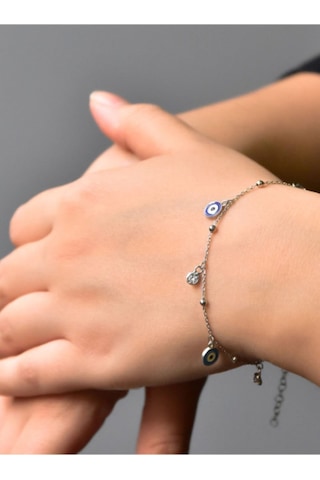 925 Ayar Gümüş Turkuaz Ve Lacivert Göz Mineli Bileklik