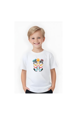 Fyk Kids Erkek Çocuk Yuvarlak Yaka Surf All Day Baskılı T-shirt Beyaz