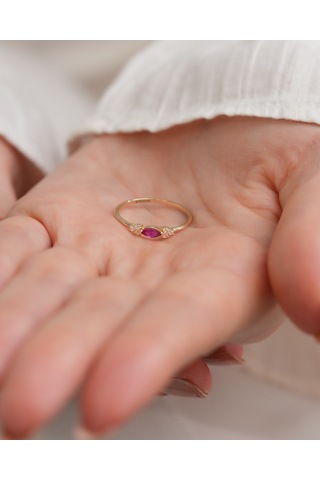 Debora Jewelry 14 Ayar Altın Markiz Model Pembe Taşlı Yüzük